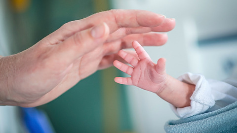 Mano de bebé prematuro y mamá