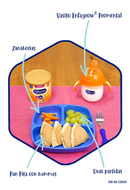 Pan pita con hummus, palitos de zanahoria